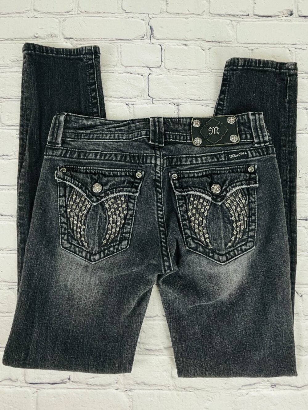 Miss Me Black Angel Wing Rhinestone Skinny Jeans Size 30